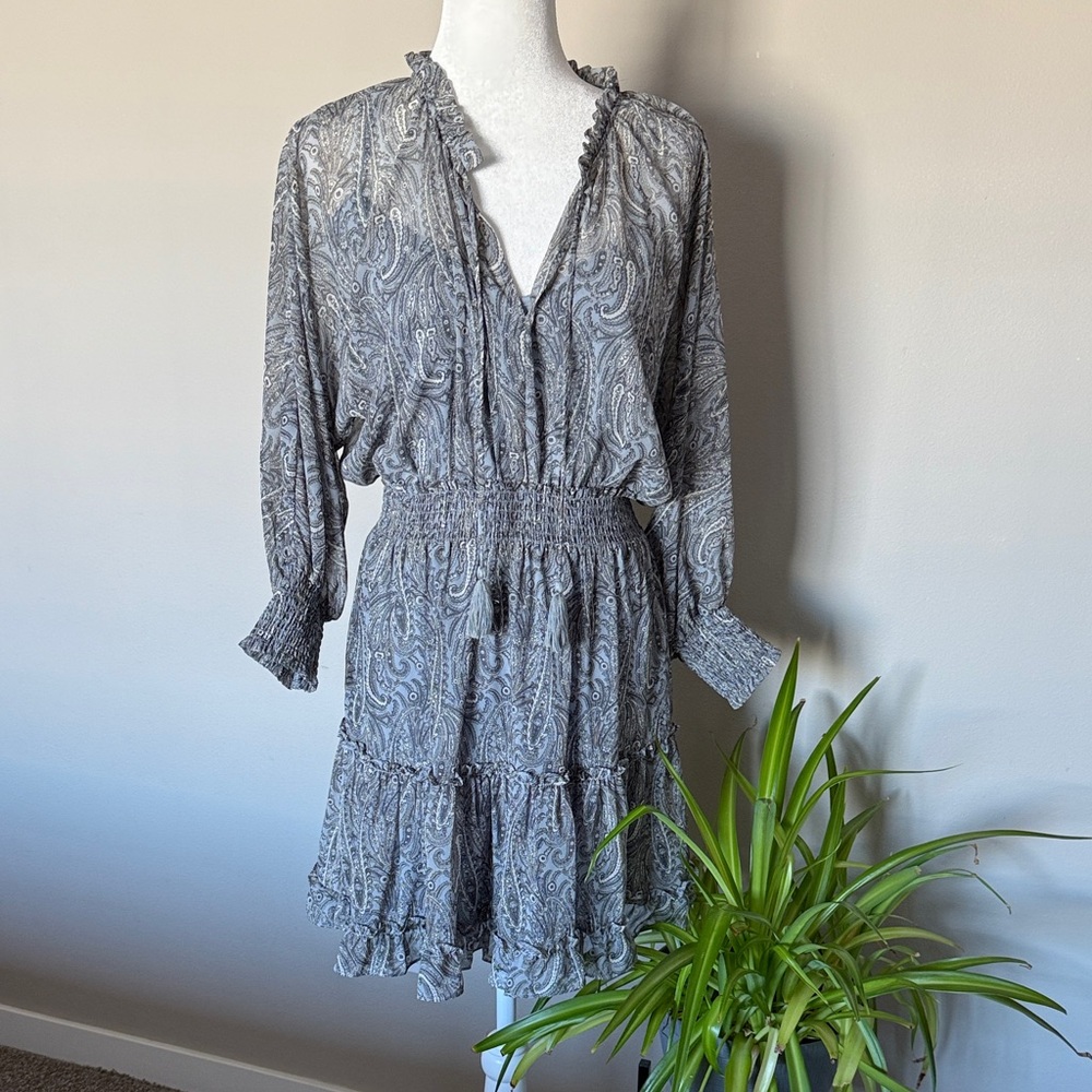 Lovestitch Gray/blue Paisley Long Sleeve Mini Dress SZ S‎ NWOT boho fairy grunge